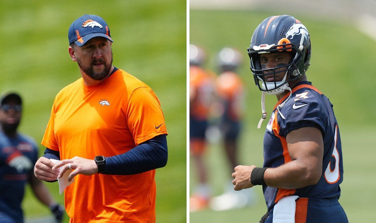 Broncos OC Justin Outten (l) and Russell Wilson (r). Source: Mile High Huddle